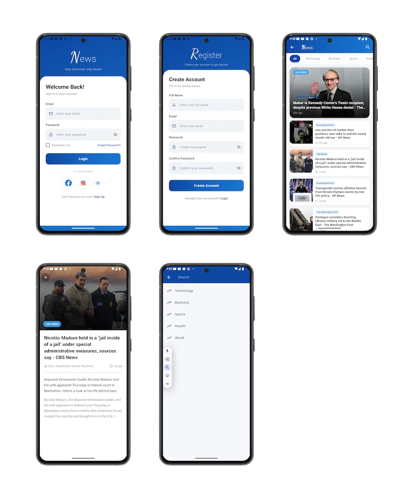 News App screens